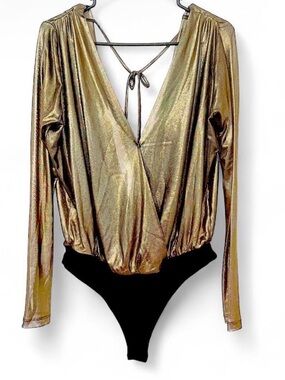 BCBGeneration Women's Gold Bodysuit Gold Metallic Long-Sleeve Wrap Bodysuit